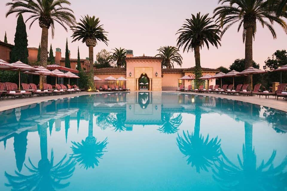 Luxurious resort pool surrounded by palm trees and pink loungers at dusk