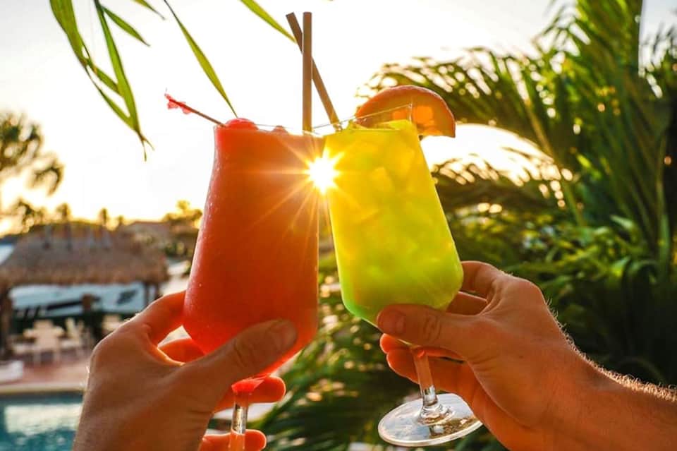 Two colorful drinks held up against sunset sky with palm trees