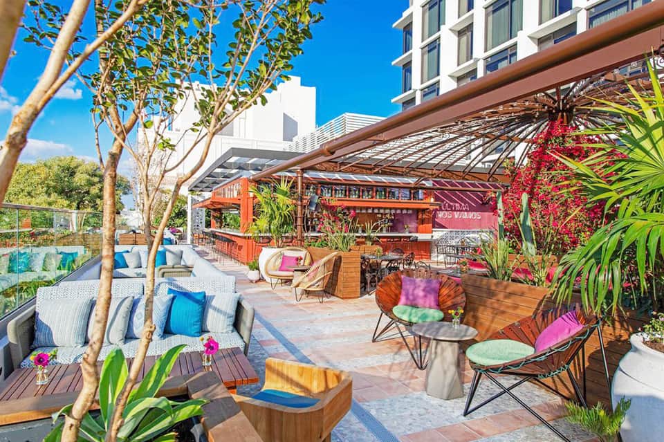 Colorful rooftop terrace with woven chairs, vibrant pink flowers, wooden pergola, and city views