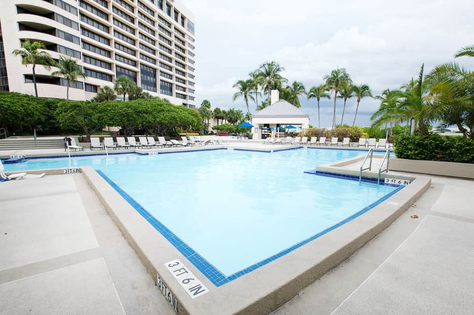 Resort swimming pool with clear blue water, palm trees, and high-rise hotel building