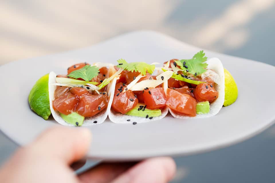 Three tuna tartare tacos with avocado, cilantro, and sesame seeds on white plate