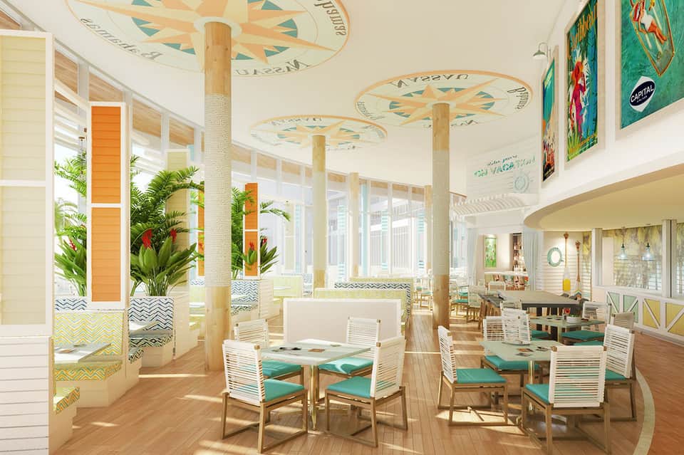 Tropical-themed indoor dining area with palm plants, wooden furniture, and decorative ceiling