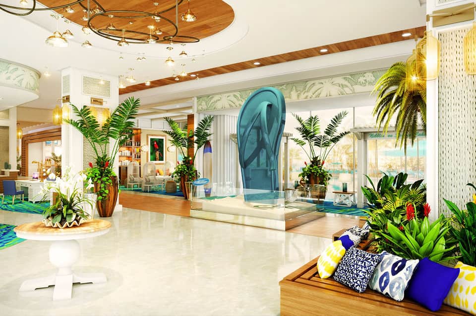 Modern hotel lobby with tropical plants, wooden ceiling details, turquoise water feature, and contemporary design