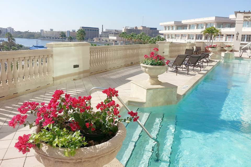 Luxury rooftop pool with turquoise water, pink flowers, and city skyline view