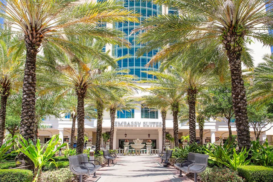 Palm tree-lined courtyard entrance at Embassy Suites resort with modern architecture