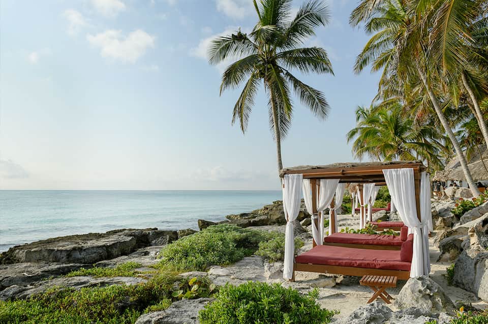 Beachfront cabana with white curtains and burgundy cushions overlooking turquoise ocean and palm trees