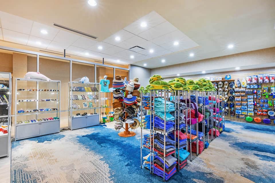 Bright retail shop displaying colorful pool floats, beach accessories, and swimming gear