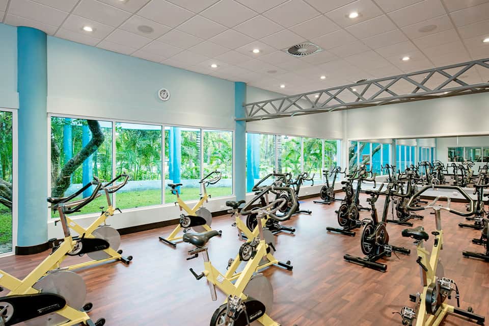Bright fitness studio with yellow stationary bikes, large windows, and views of tropical greenery