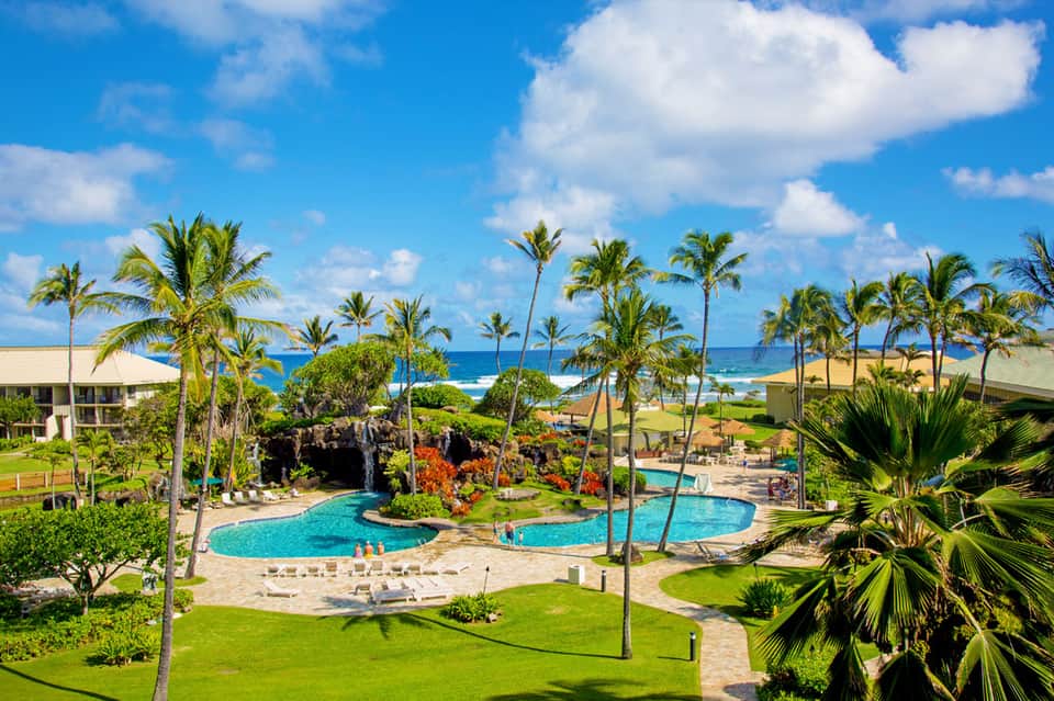 Resort pool with palm trees and ocean view under blue sky with white clouds