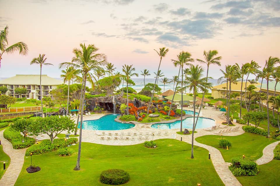Aerial view of tropical resort with curved pool, manicured lawns, palm trees, and beach access