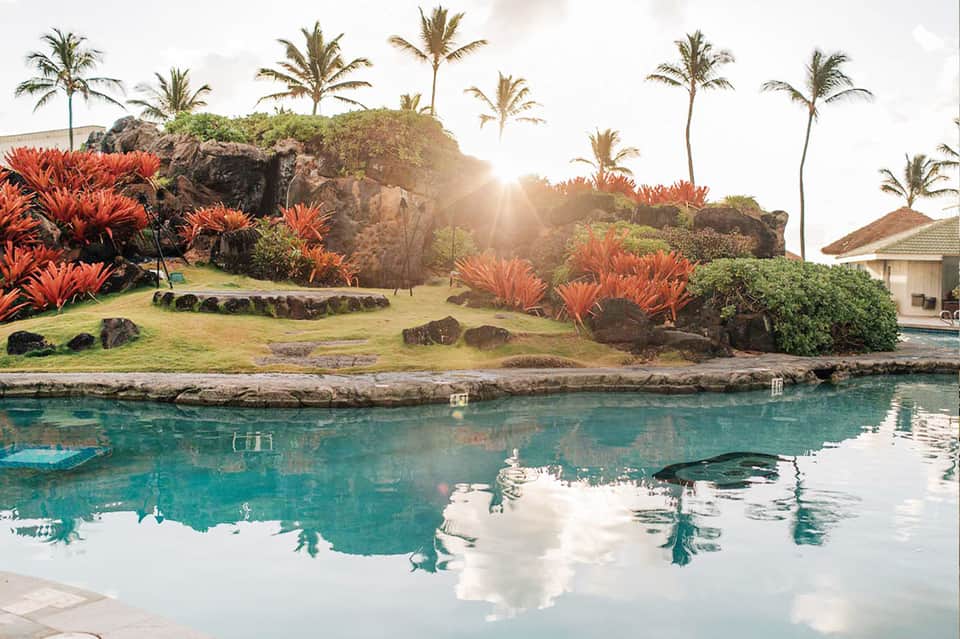 Tropical lagoon with turquoise water, palm trees, and landscaped grounds at sunset