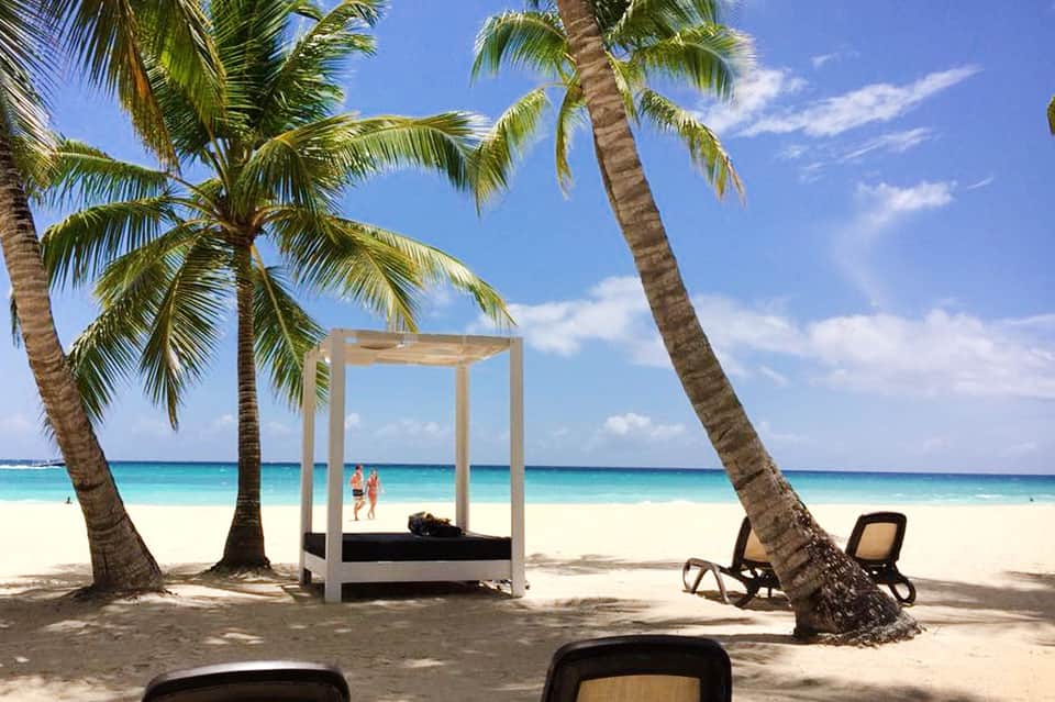 Tropical beach scene with palm trees, white cabana, lounge chairs, and clear turquoise water