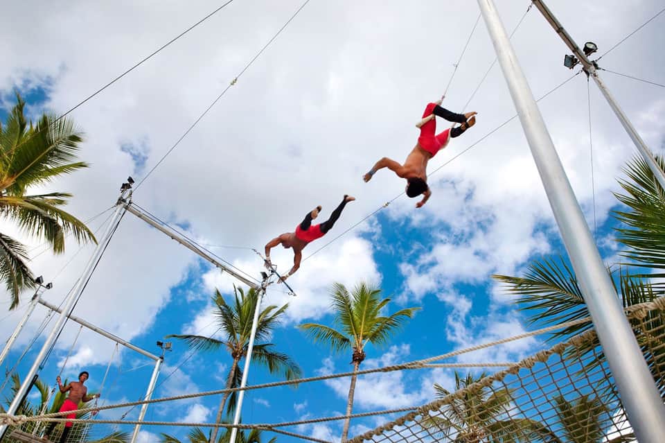 Trapeze artists performing mid-air over safety net with palm trees and blue sky background