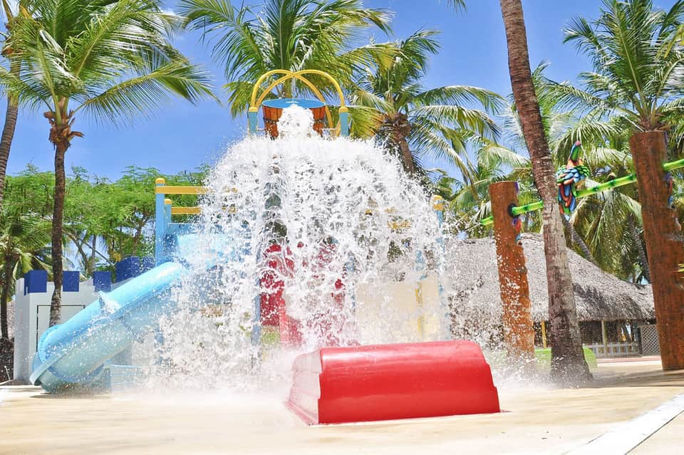 Water bucket dump feature at a tropical water park with palm trees and blue slide