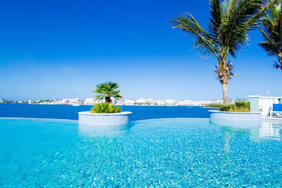 Infinity pool with crystalline turquoise water overlooking waterfront cityscape, decorative planters with palm trees