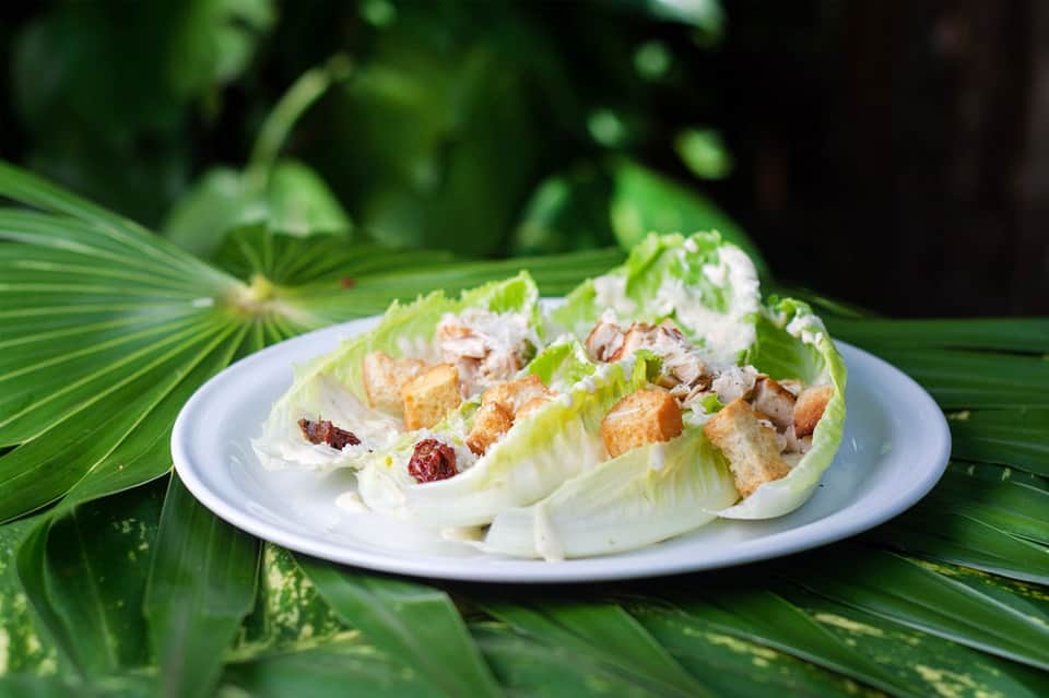Lettuce wrap appetizers with protein and vegetables on white plate against tropical green foliage backdrop