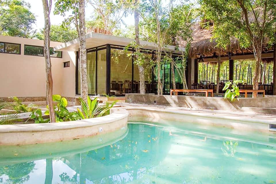 Resort pool area surrounded by lush trees with modern building, covered seating areas, and natural hot springs