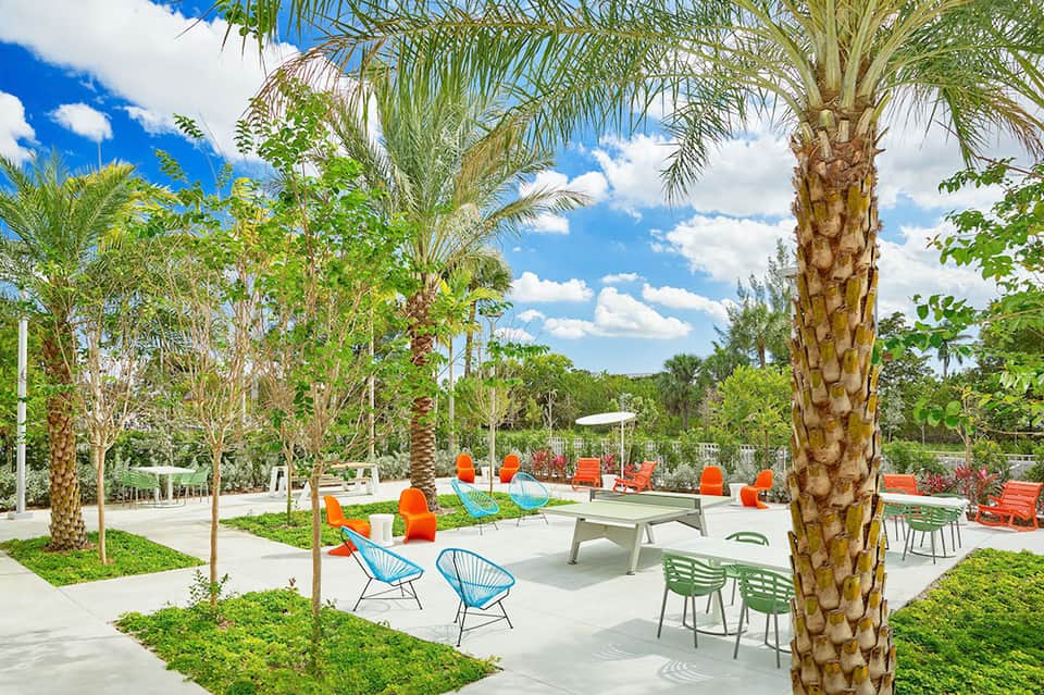Outdoor leisure area with palm trees, colorful chairs, ping pong tables under shade