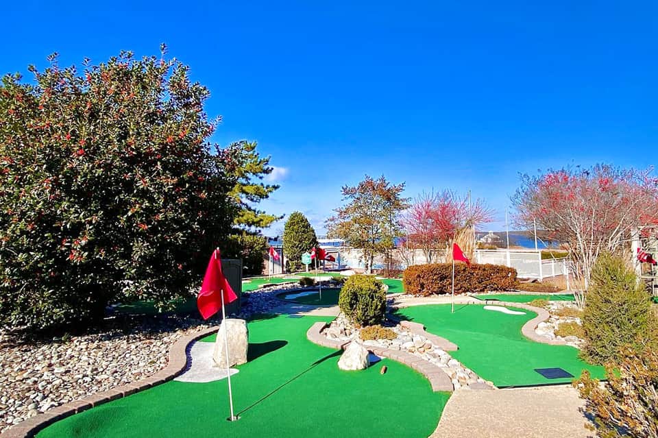 Miniature golf course with green turf, rocks, red flags, and trees on a clear sunny day
