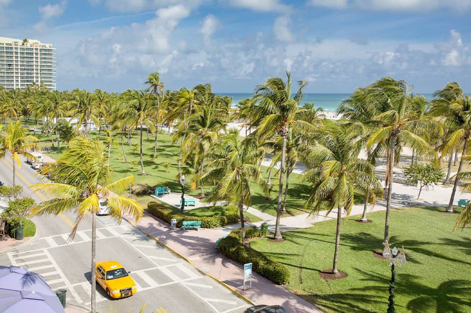 Beachfront aerial view with palm trees, sandy beach, ocean, and hotel building