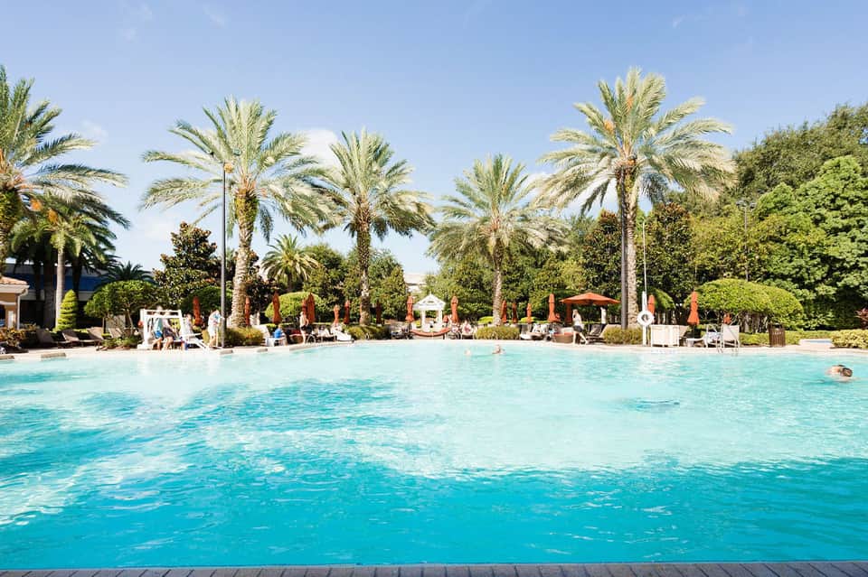 Lagoon-style pool surrounded by palm trees and resort landscaping with swimmers