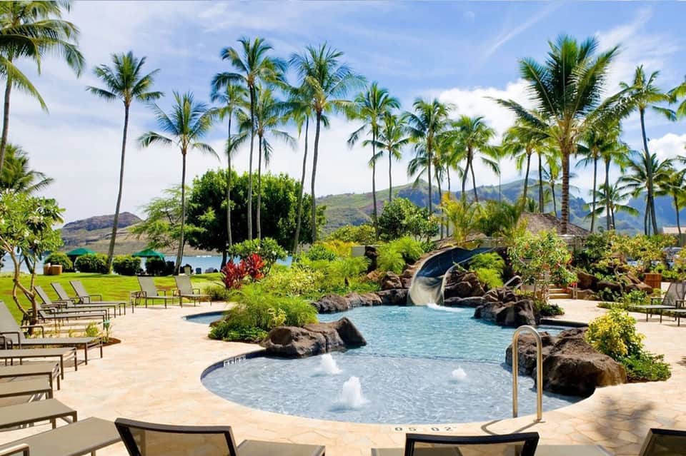 Tropical resort pool area with rock waterslide, palm trees, and mountain views