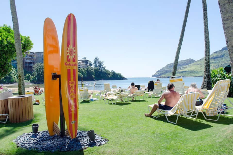 Beachfront lawn with palm trees, lounge chairs, surfboards, and ocean views
