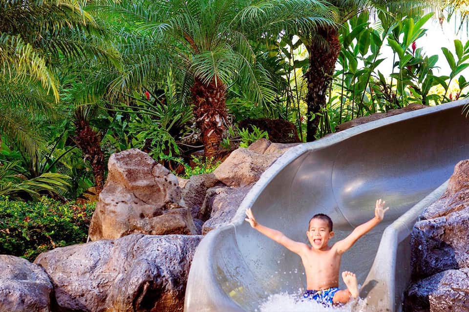 Child sliding down curved water slide surrounded by tropical plants and rock formations