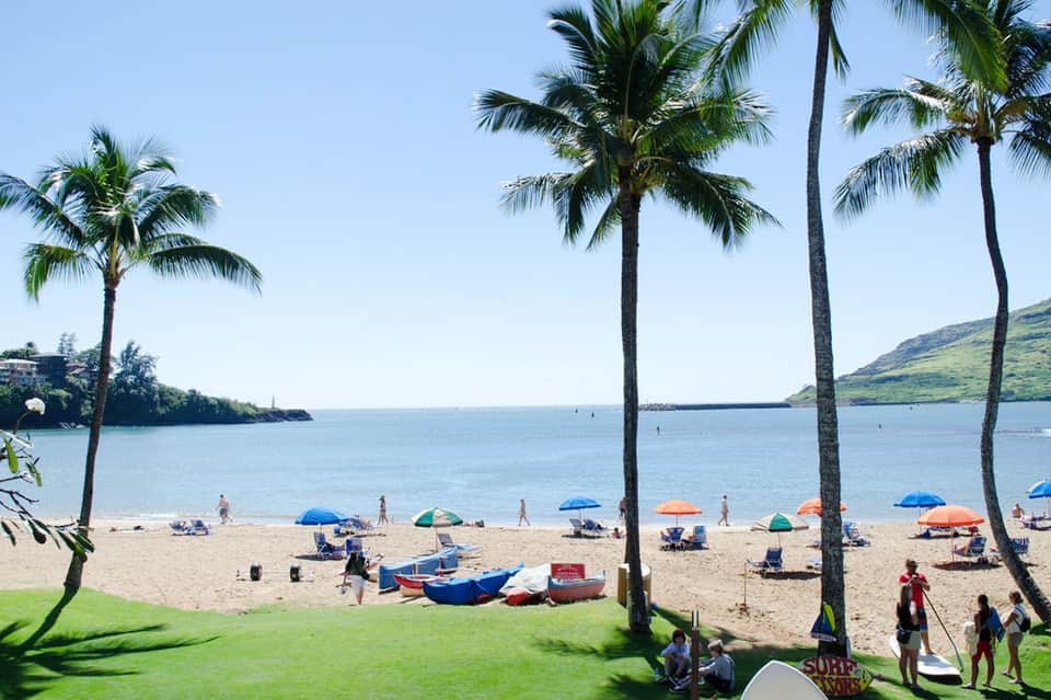Tropical beach with palm trees, sand, colorful umbrellas, and calm turquoise water