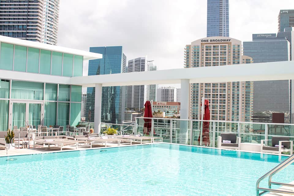 Rooftop infinity pool with city skyline views and modern architectural design