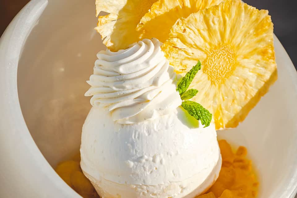 Gourmet dessert with whipped cream, yellow flower garnish, and mint leaf on white plate