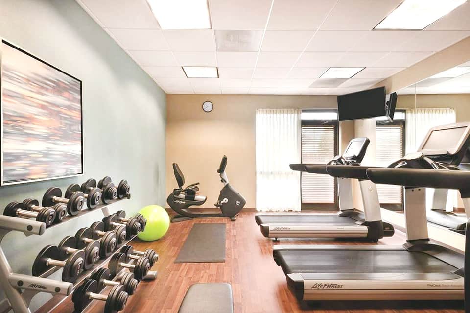 Modern fitness center with treadmills, dumbbells, and exercise equipment
