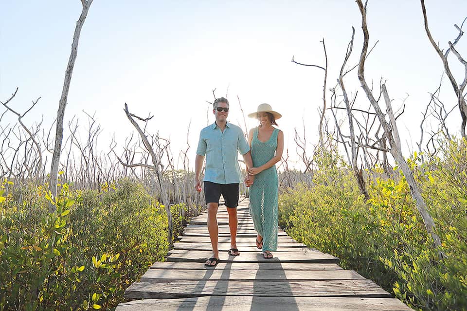 Couple walking on wooden boardwalk through mangrove forest with sparse trees and green vegetation
