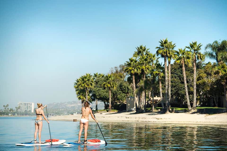 Two women paddleboarding on calm blue water with palm trees and beach in background