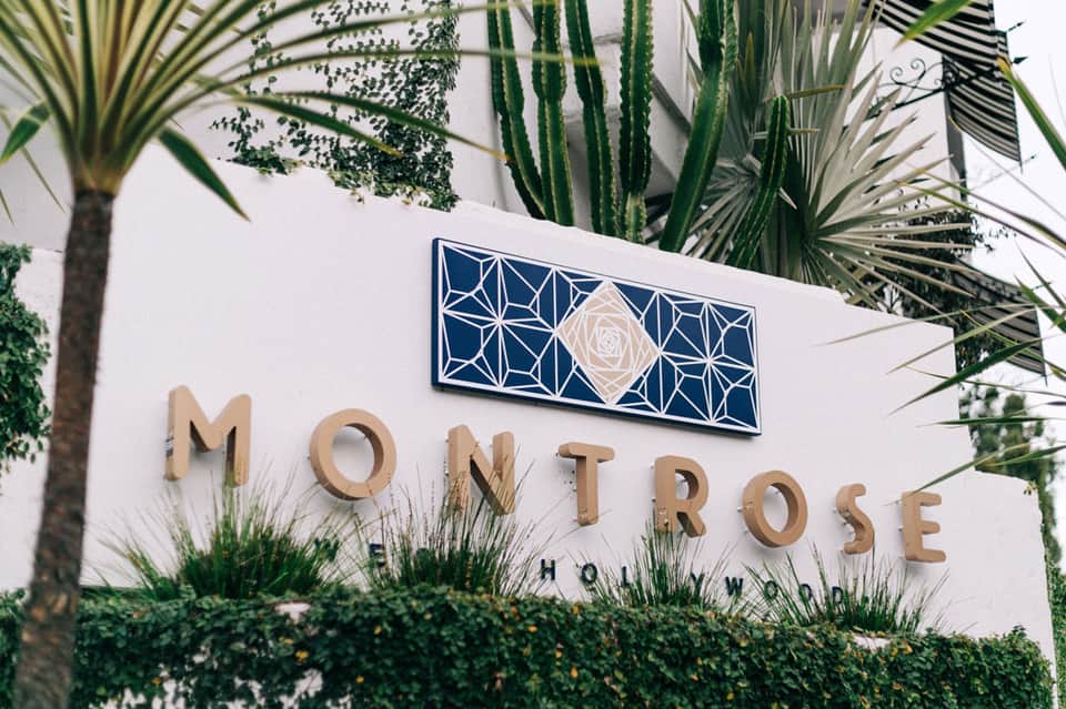 Montrose H+W signage with geometric pattern and rose logo surrounded by tropical plants