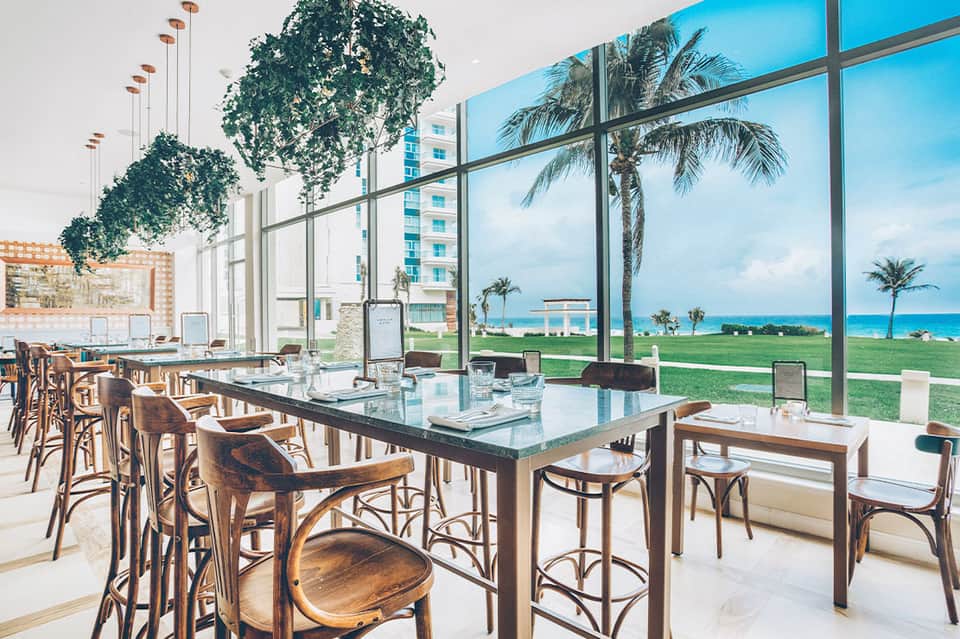 Elegant dining area with ocean views, palm trees, and wooden chairs