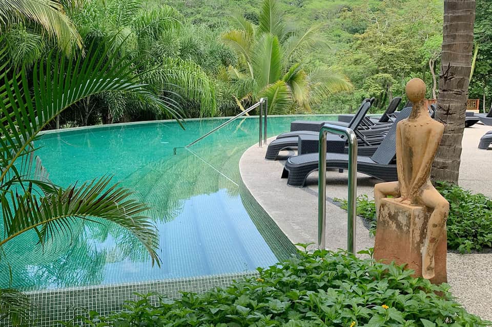 Infinity pool surrounded by tropical vegetation with lounge chairs and palm trees