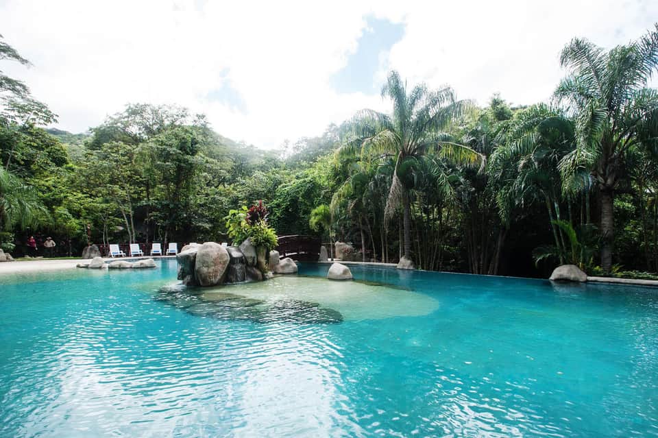 Turquoise natural hot spring pool surrounded by palm trees and tropical vegetation in a lush jungle setting.