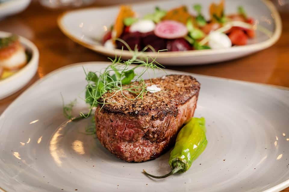 Plated grilled steak with herb garnish, served with fresh vegetable salad on white ceramic plates