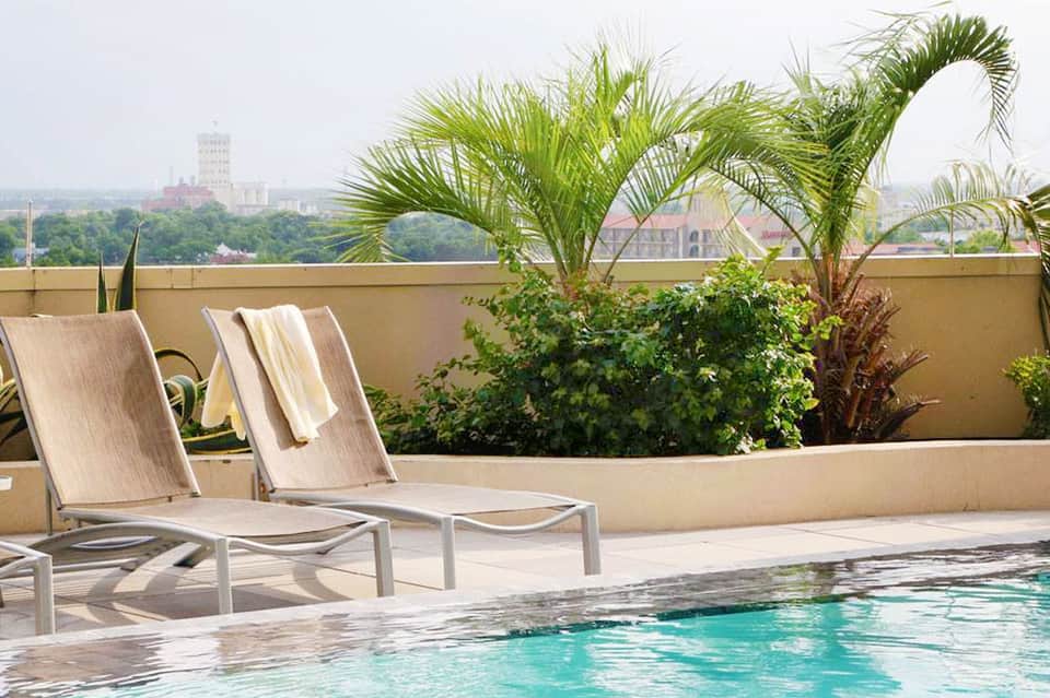 Rooftop pool lounge chairs with city skyline view and palm trees in afternoon sunlight
