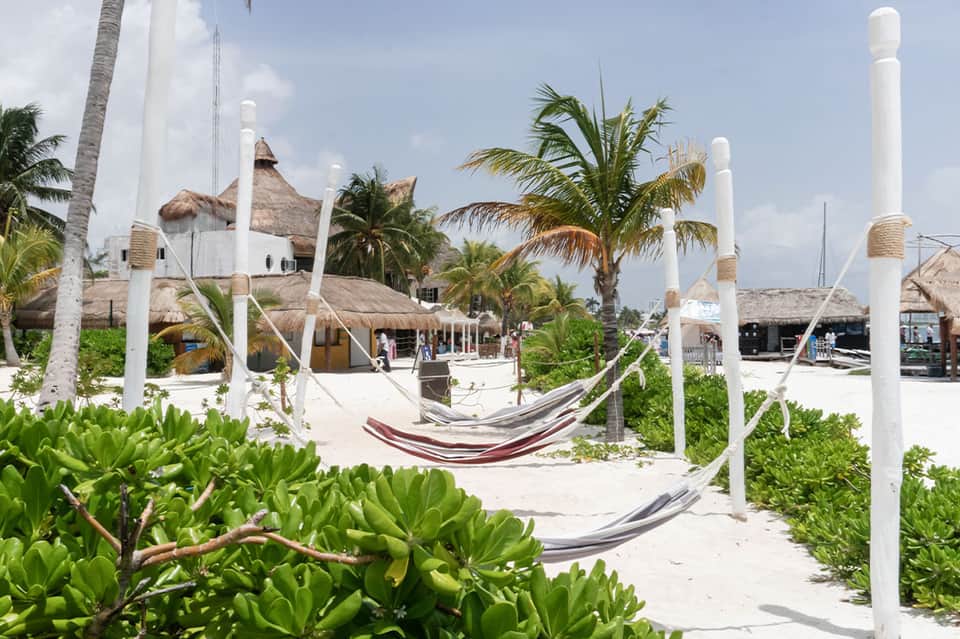 Beachfront resort with thatched-roof buildings, hammocks, white posts, and tropical vegetation
