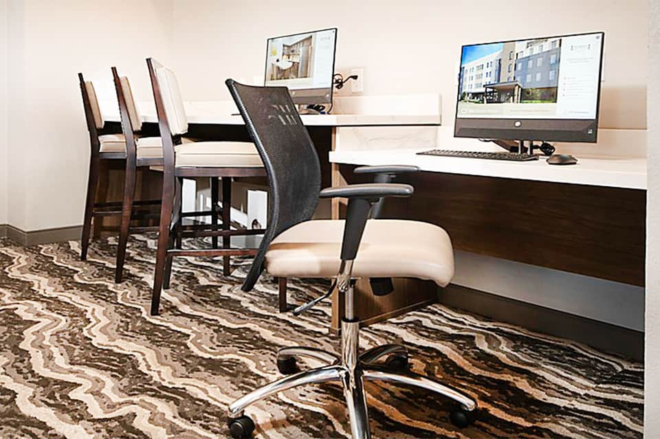 Contemporary business center with desktop computer, desk chairs, and zebra-patterned carpet in neutral office setting