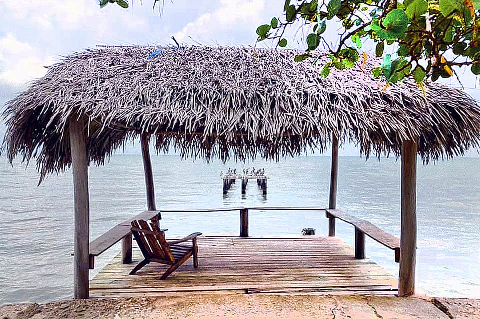 Thatched-roof beachfront pavilion with wooden deck, Adirondack chairs, and ocean view