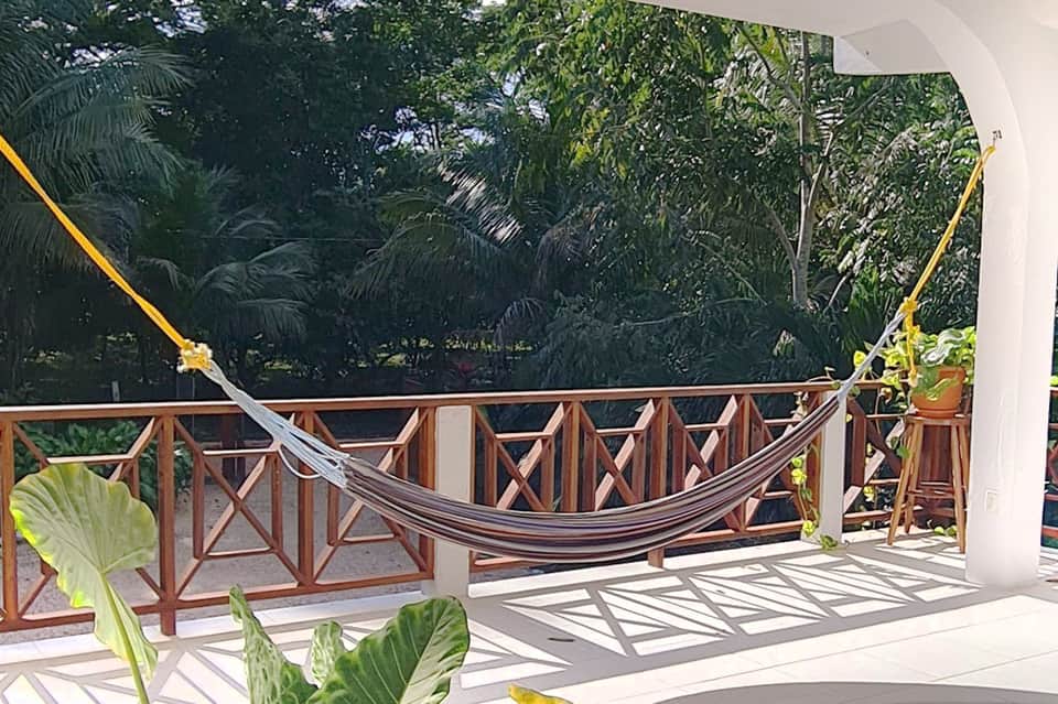 Beachfront deck with wooden railing, hammock, and tropical vegetation backdrop
