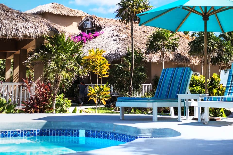 Tropical resort pool with thatched-roof bungalows, turquoise umbrellas, and colorful flowering plants