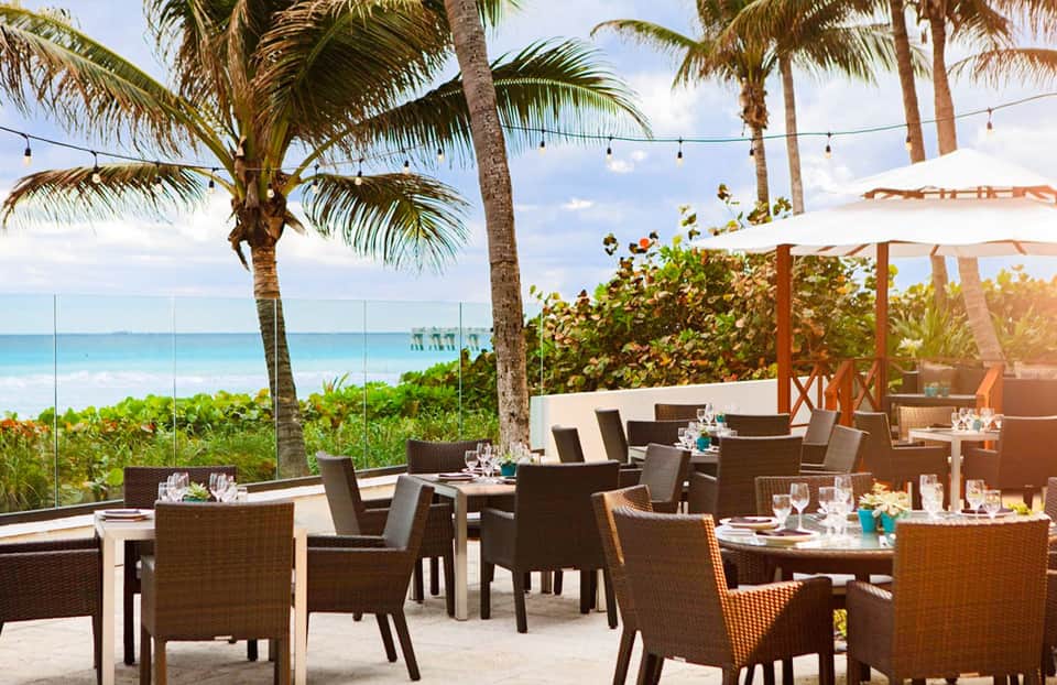 Beachfront dining area with rattan chairs, palm trees, and ocean views under string lights