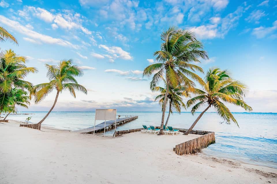 Tropical beach with palm trees, white sail canopy, turquoise water, and wooden pier