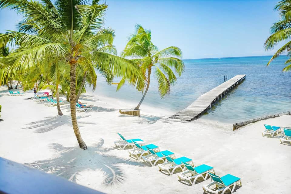 Tropical beach with palm trees, white sand, dock, and turquoise water