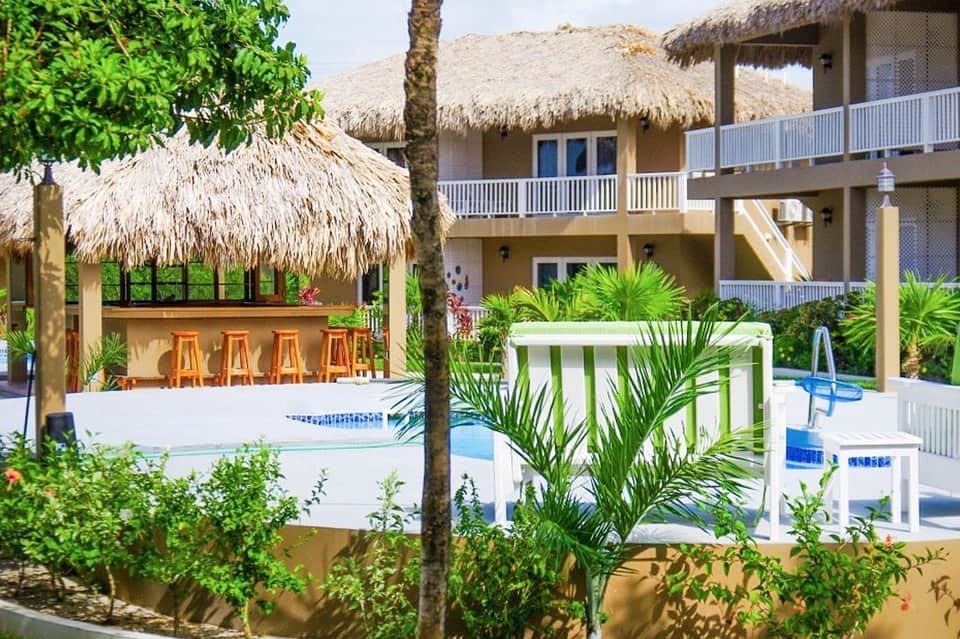 Tropical resort with thatched-roof bar, multi-story building, pool, and palm trees