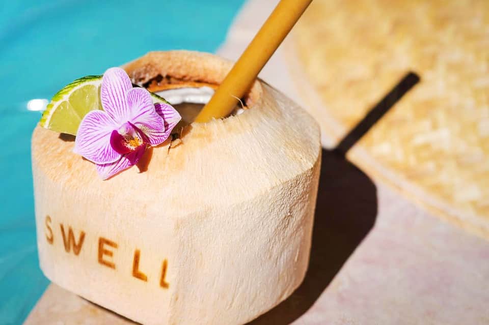 Close-up of tropical cocktail in coconut cup with pink orchid and lime garnish by pool